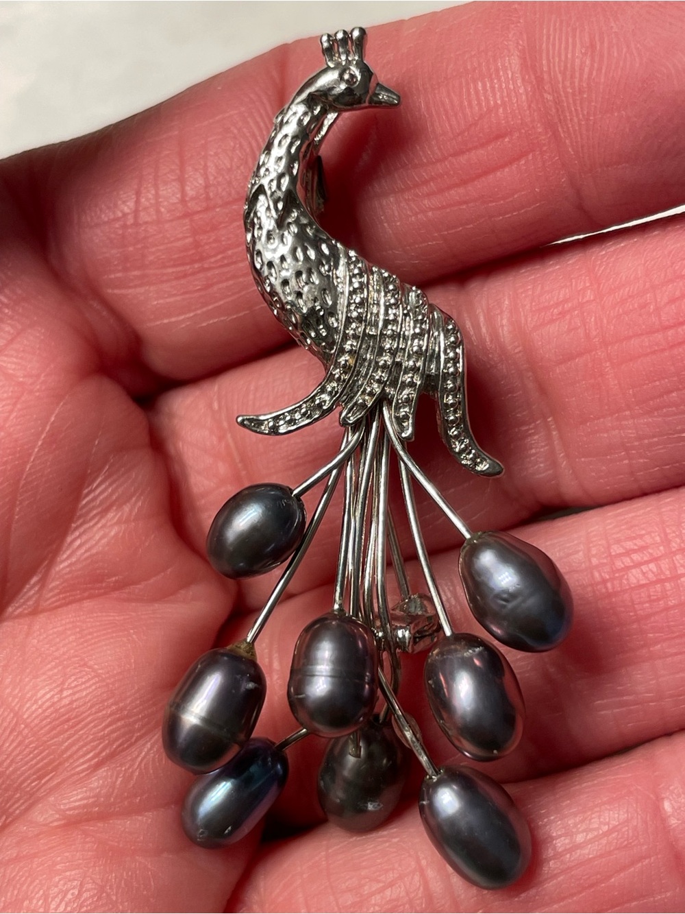 Silver Peacock Brooch with Real Black Pearl Dangles
